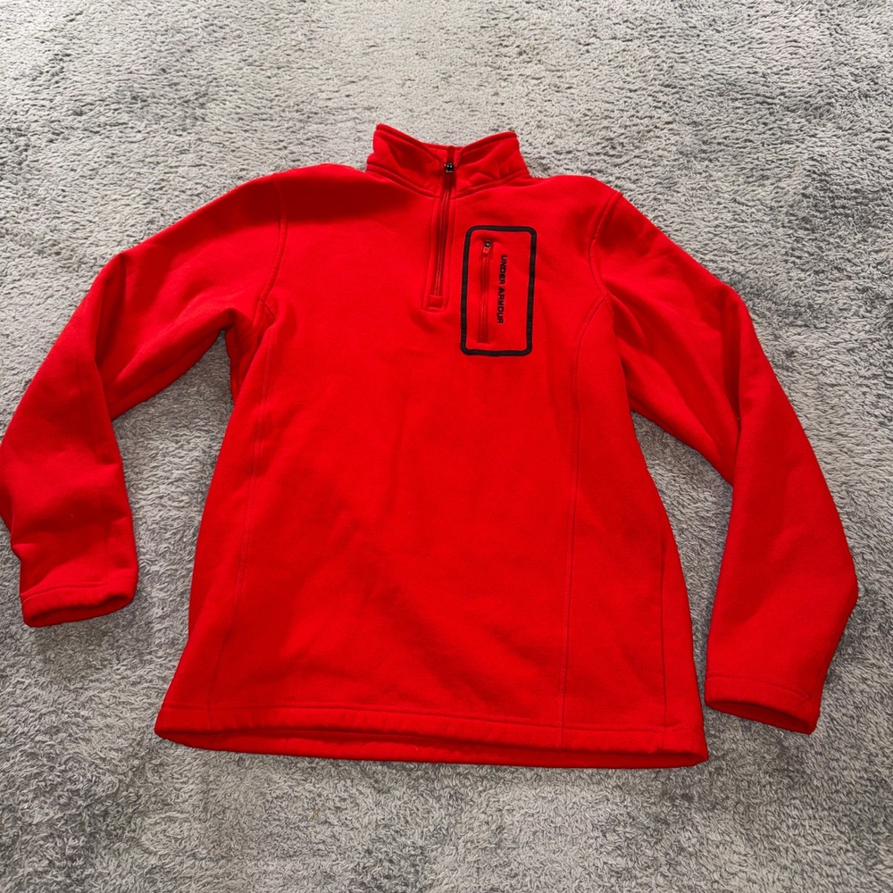 Under Armour Mens Small Fleece Pullover Red Quarter Zip Loose Fit Chest Pocket